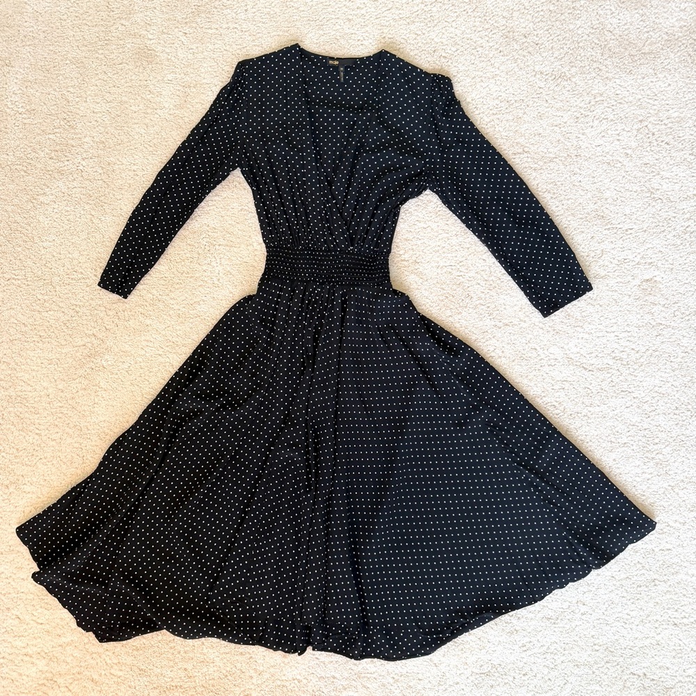 Maje Black White Polka Dot Quarter-Sleeve Fit and Flare V-neck Midi Dress